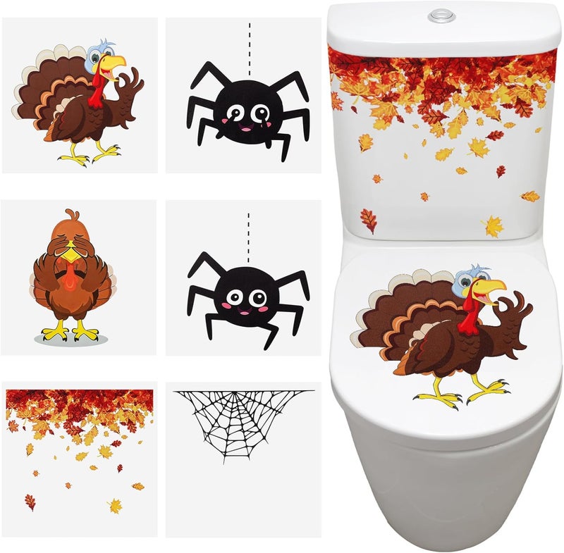 Epakh 6 Pcs Thanksgiving Toilet Seat Cover Fall Toilet Stickers Funny DIY Seat Cover Cling Waterproof Self Adhesive Sticker Thanksgiving Turkey Halloween Spider Bathroom Decor - Image 1